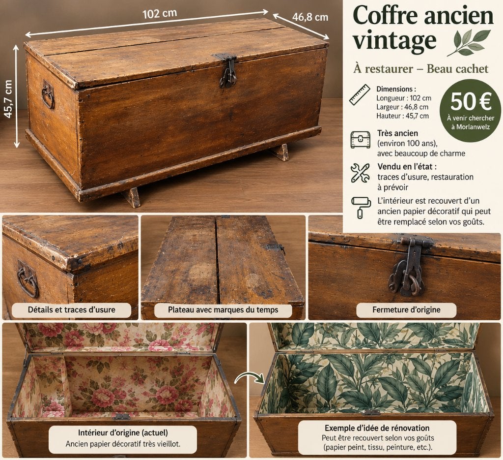 Grand Coffre en bois Vintage, Maison & Meubles, 100 à 150 cm, Enlèvement, Utilisé, Moins de 50 cm
