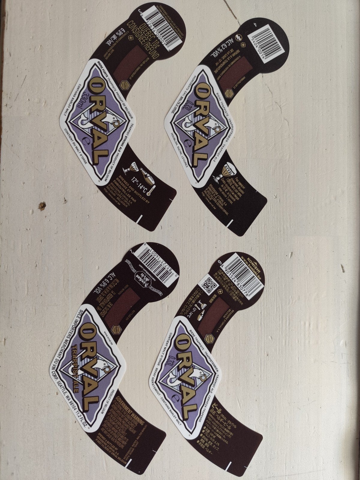 Orval bieretiketten 4 verschillende uitgaven, Verzamelen, Ophalen of Verzenden