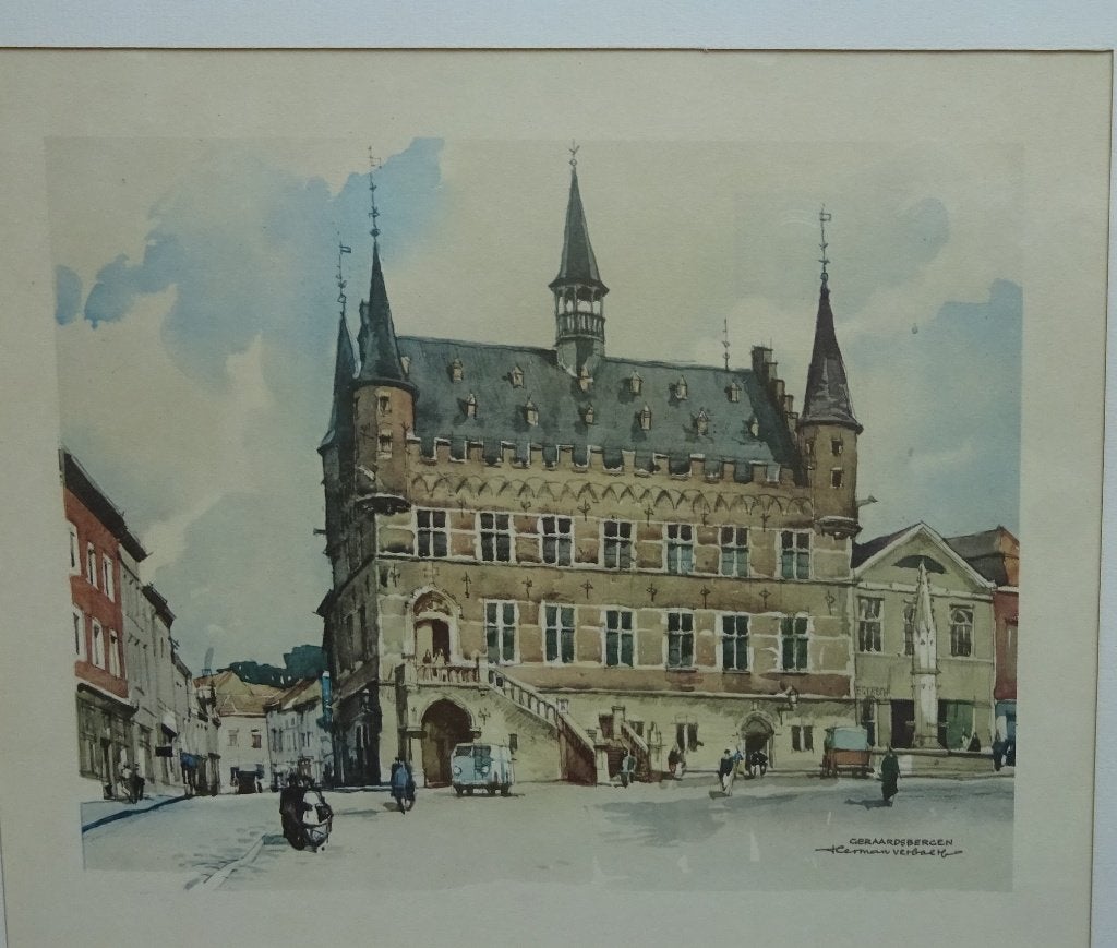Geraardsbergen, prent door Herman Verbaere, Antiek en Kunst, Kunst | Etsen en Gravures, Ophalen, Ingelijst