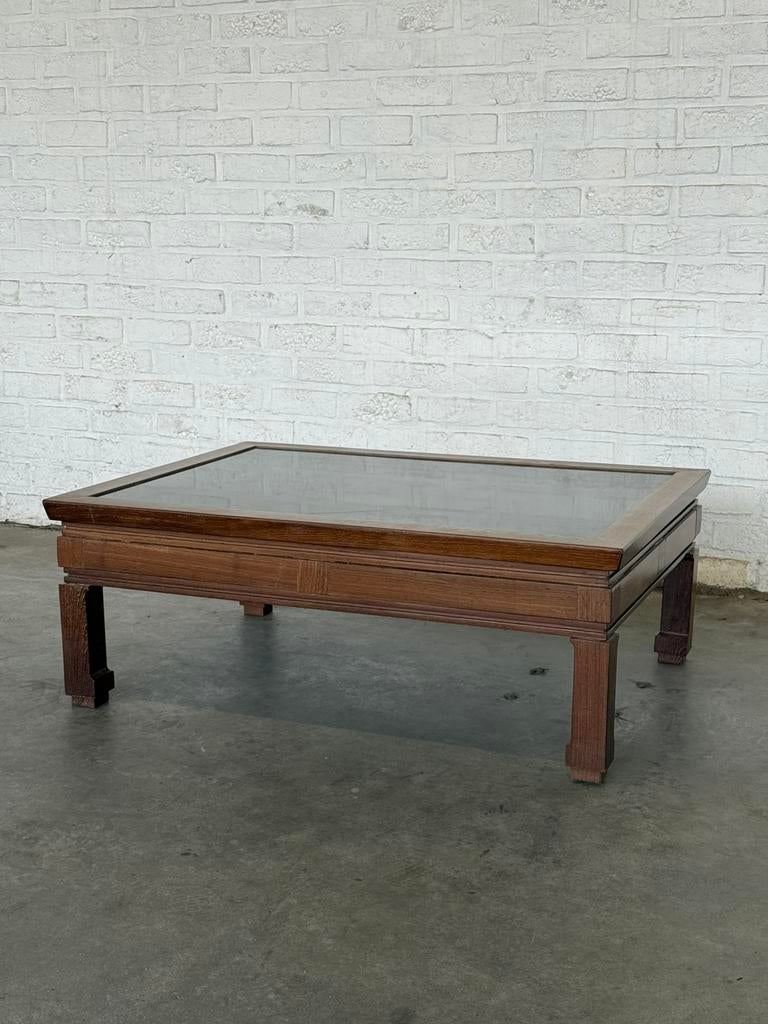 Table basse vintage – bois et plateau effet pierre, Enlèvement