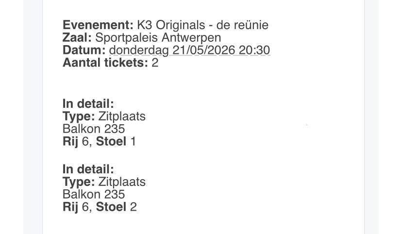 Tickets k3 21/5  zitplaatsen, Tickets en Kaartjes, Evenementen en Festivals, Twee personen