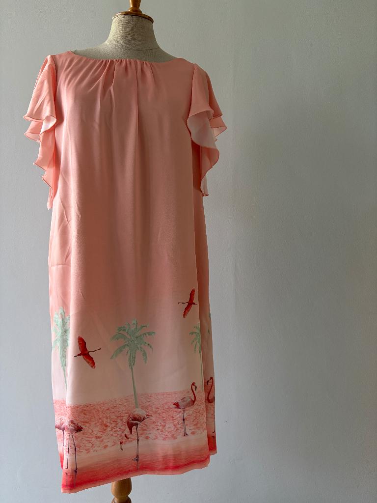 Oky- Coky: Zalmroos flamingo kleed, Ophalen of Verzenden, Zo goed als nieuw, Maat 38/40 (M)