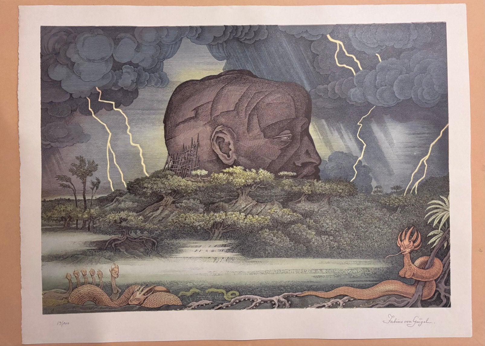 Litho - Fabius von Gugel: Der Fels von Sigirya bei Nacht, Antiek en Kunst, Kunst | Litho's en Zeefdrukken, Ophalen of Verzenden