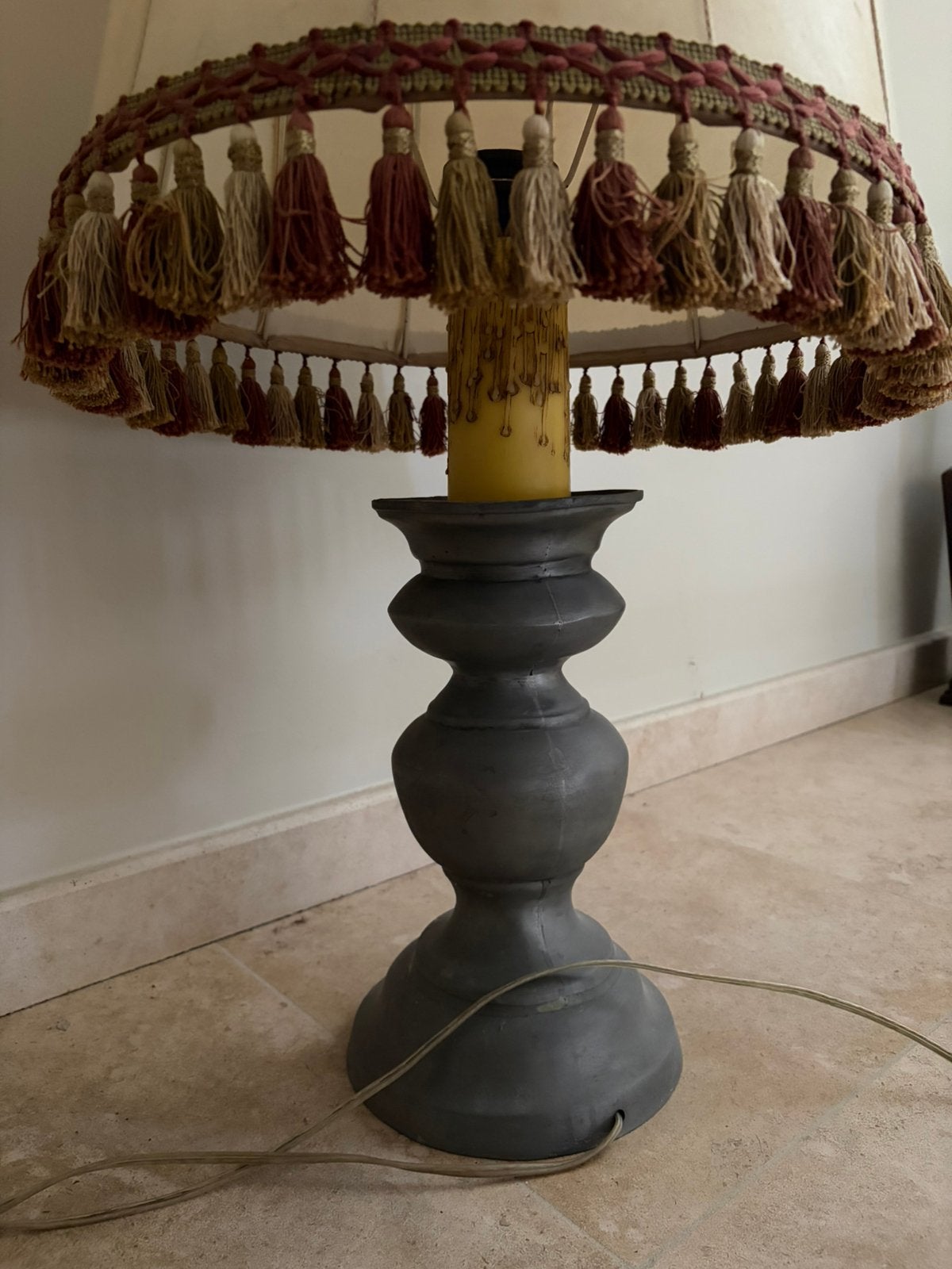 Tinnen lamp met kap in varkensblaas, Ophalen, Gebruikt, Met kap