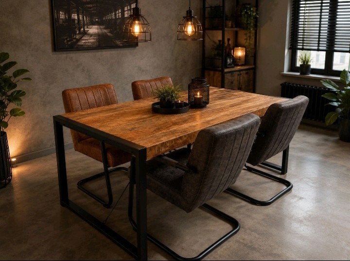 mangohouten eettafel met 4 stoelen – stoer & stijlvol, Ophalen, Zo goed als nieuw