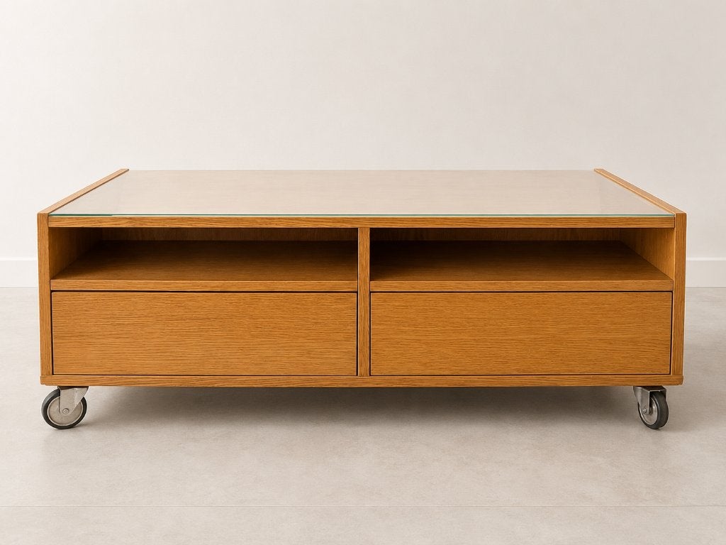 Houten salontafel met glazen blad, Huis en Inrichting, Tafels | Salontafels, Ophalen, Gebruikt, 100 tot 150 cm, Eikenhout