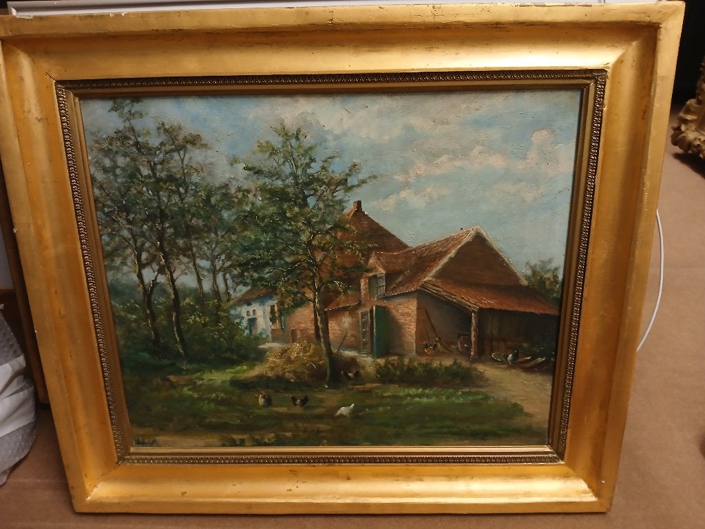 Schilderij boerderij met kippen, Ophalen, Acrylverf, Doek, Landschap