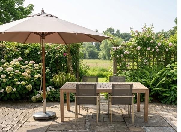 Bristol teak tuinset 200x100 + 4 inox stoelen, parasol., 3 à 4 mètres, Étanche, Comme neuf, Enlèvement