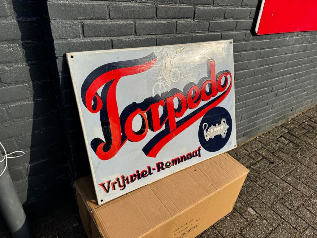 Grand panneau d'affichage en émail Torpedo ancien, Enlèvement, Utilisé, Panneau publicitaire