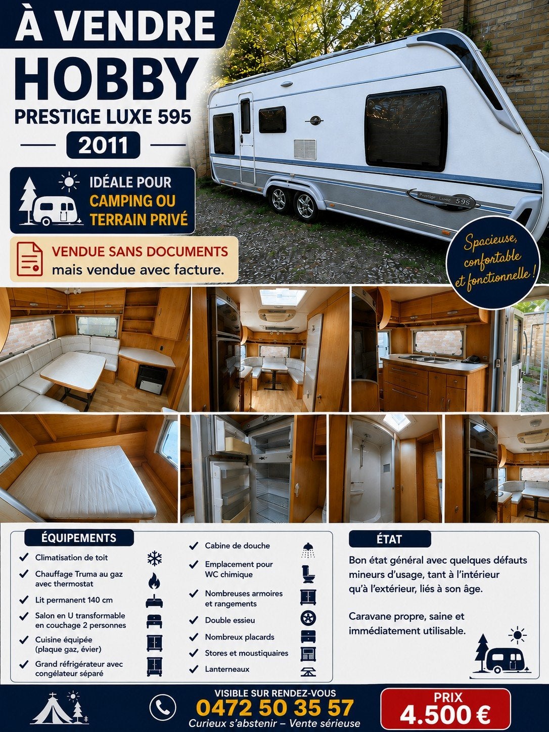 Caravane HOBBY PRESTIGE LUXE 595 – 2011 – sans  documents !!, Particulier