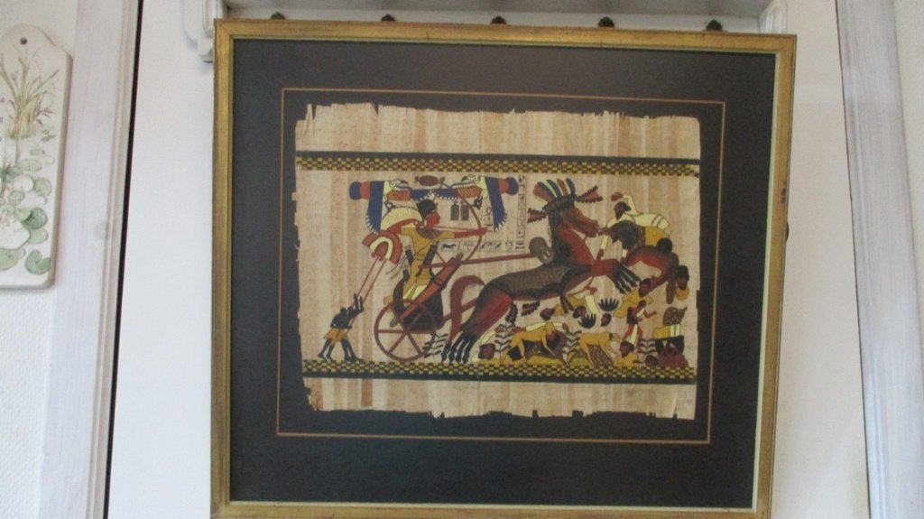 Egyptisch handgeschilderd papyrus schilderij, Antiek en Kunst, Ophalen, Overige stijlen, Portret of Personen, Achter glas