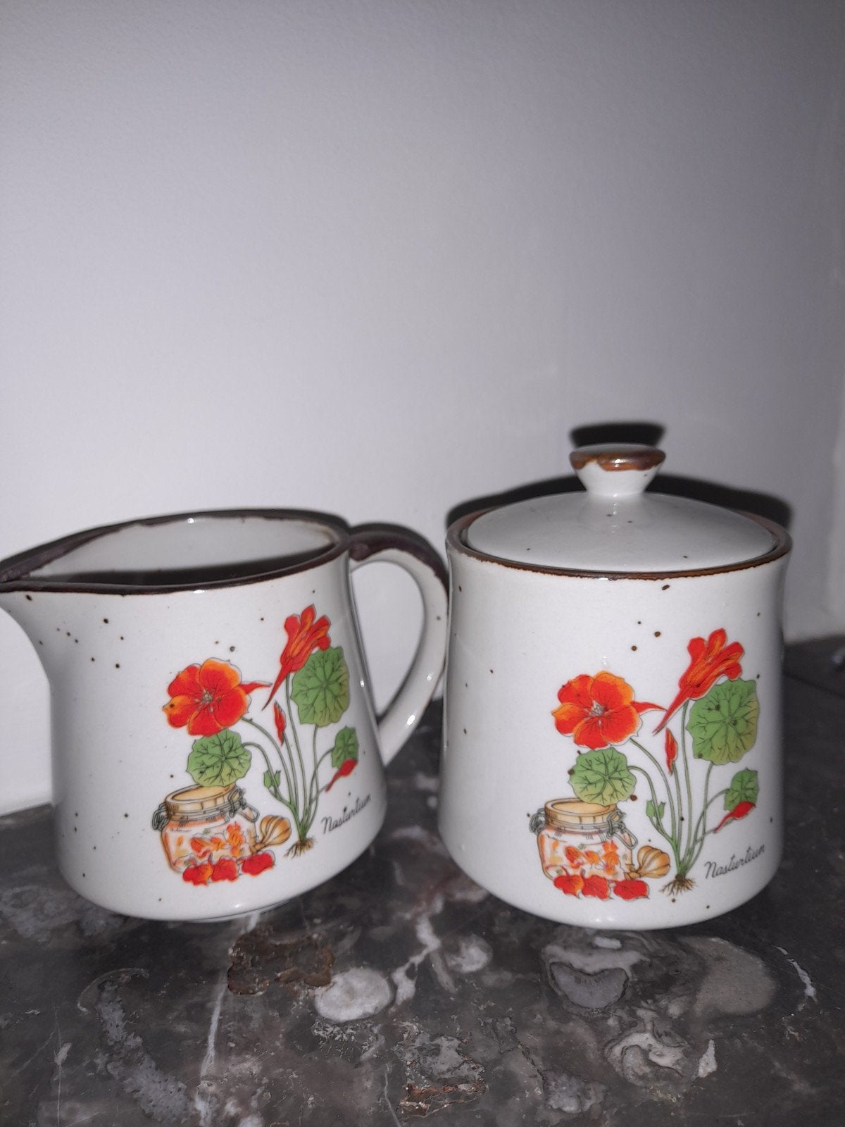 Imprimé botanique vintage sur un sucrier et un pot à lait, Enlèvement ou Envoi