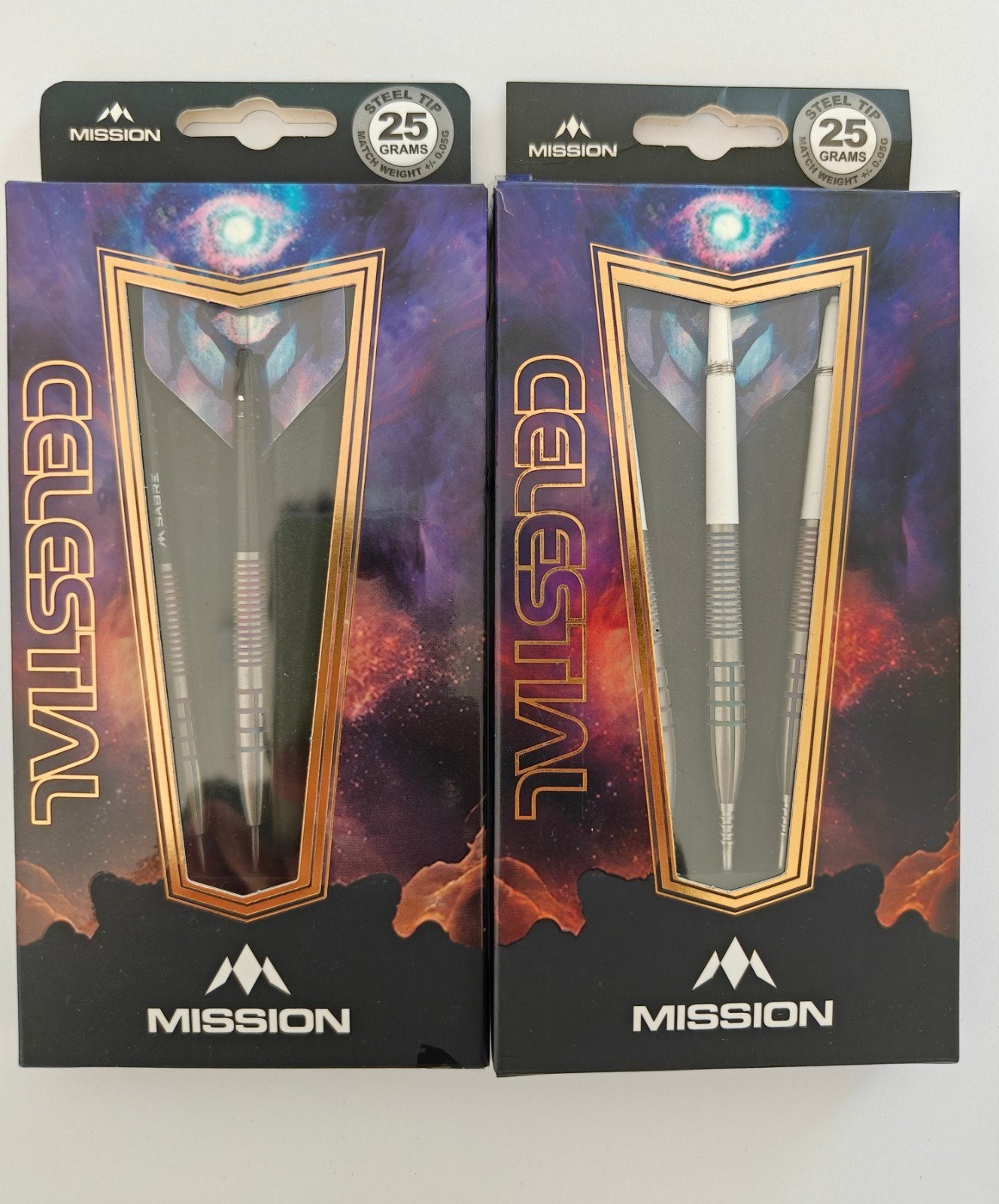 2 sets: Mission Celestial 25gr. darts, Ophalen of Verzenden, Gebruikt, Pijlen