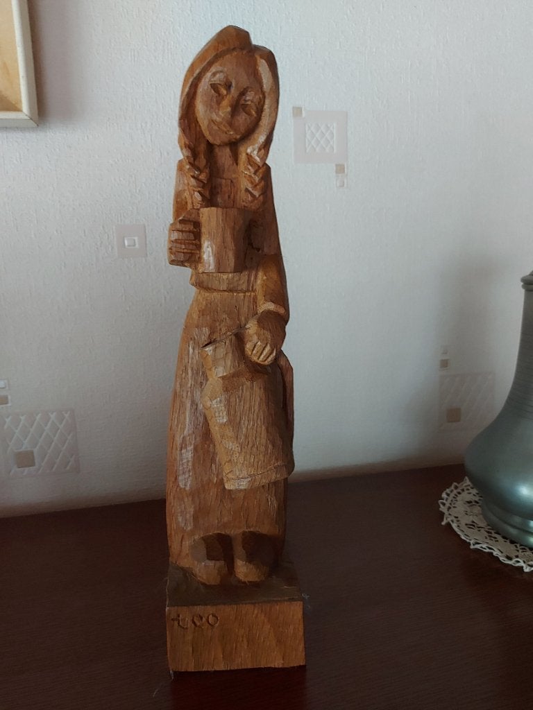 Vol houten beeld - melkmeisje, Antiquités & Art, Statue, Bois, Brun, Fait main