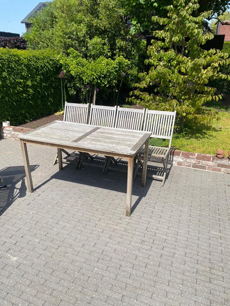 Teak tuinset 4 stoelen en tafel uit teak hout, Ophalen, 4 zitplaatsen, Gebruikt, Tuinset