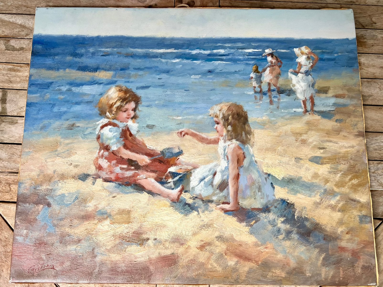 Peinture à l'huile - Les enfants sur la plage, Antiquités & Art, Peinture à l'huile, Signé, Enlèvement, Toile