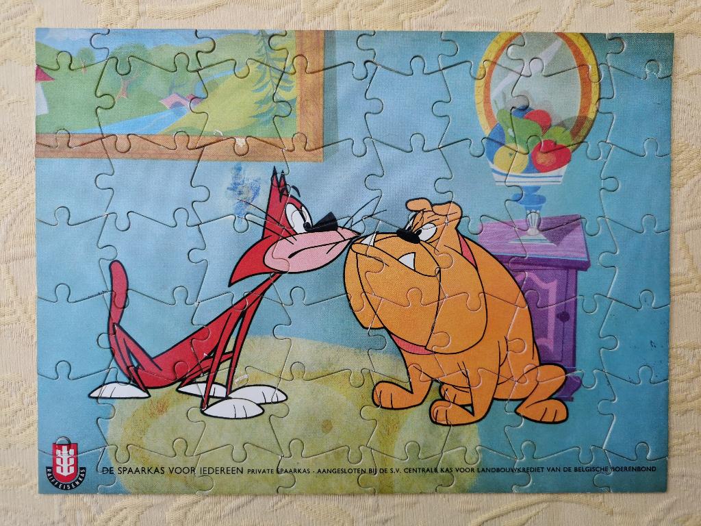 Vintage puzzel stripfiguren kat hond 60's 56 stukjes, Ophalen of Verzenden, Meer dan 50 stukjes, Gebruikt, 4 tot 6 jaar