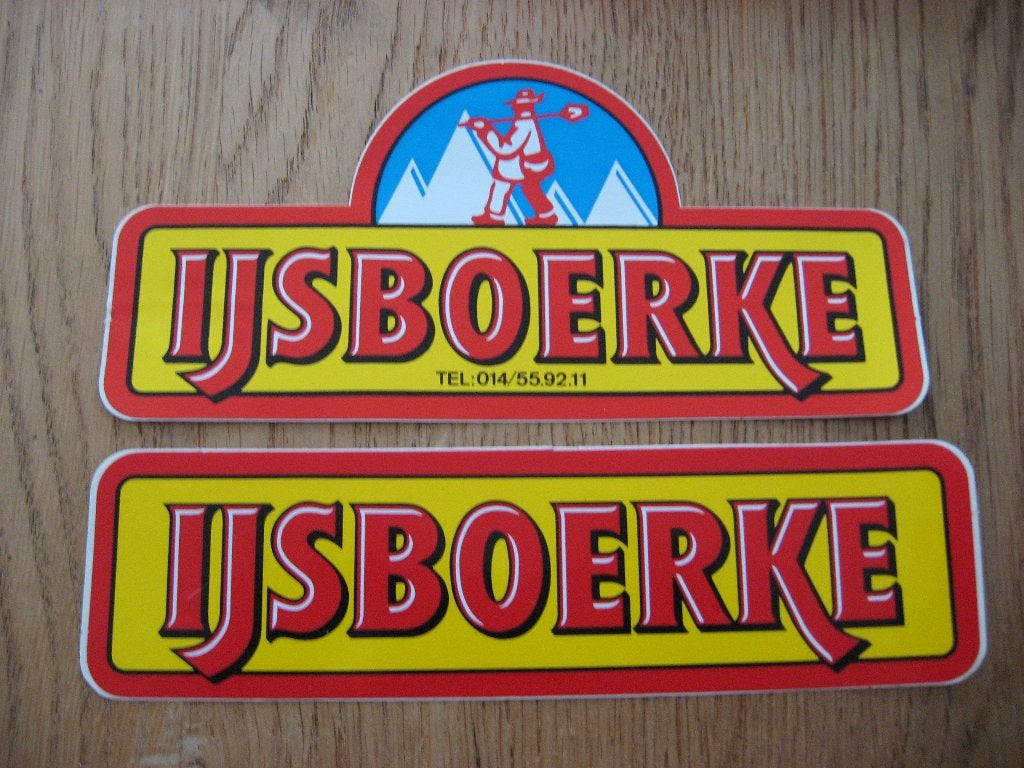 Vintage Stickers ijsboerke Tel:014/559211, Verzamelen, Stickers, Ophalen of Verzenden, Nieuw, Bedrijf of Vereniging