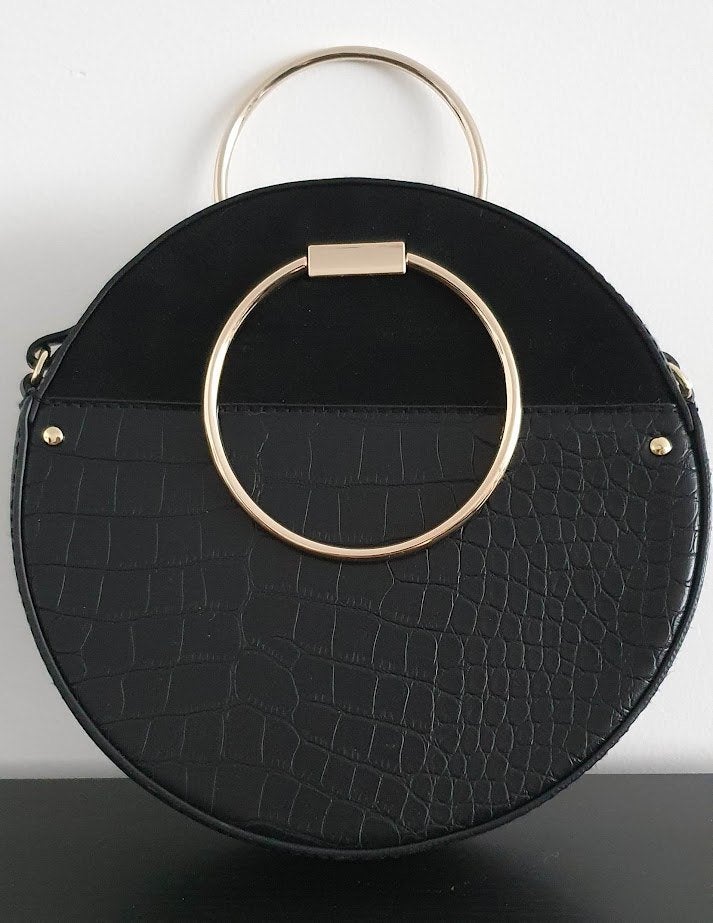 Sac simili rond noir à bandoulière, effet daim + effet croco, Enlèvement, Neuf, Noir