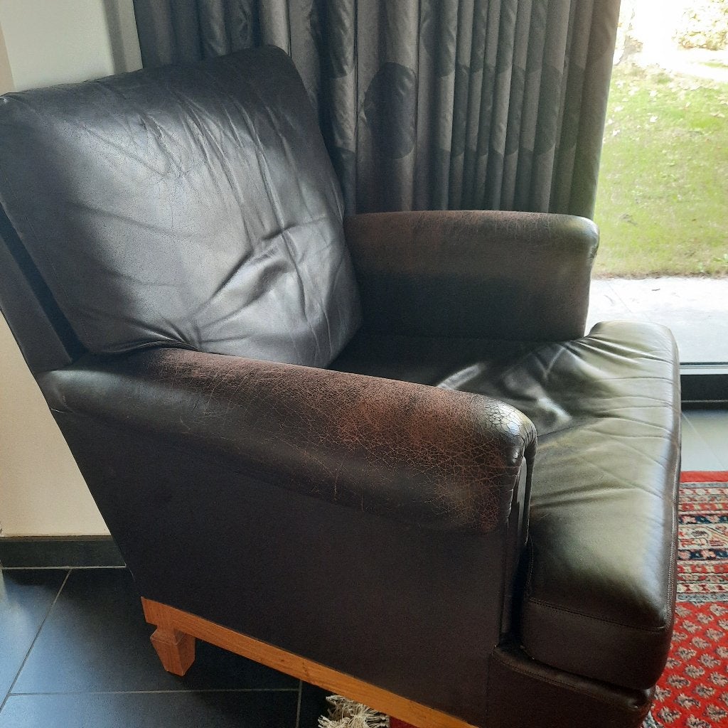 Sofa, Fauteuil, leder , 1 zit, bruin, Enlèvement, Utilisé, Une personne, Bois
