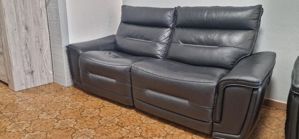Salon WHITEFEA en cuir noir véritable, 200 à 250 cm, Banc droit, Comme neuf, Enlèvement