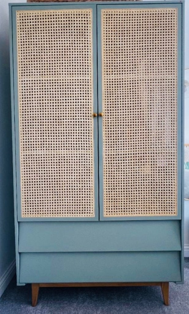 Kast Suzelle - 2-deurs kledingkast, blauwgrijs rotan, Neuf, 100 à 150 cm, 1 ou 2 tiroirs, Autres essences de bois