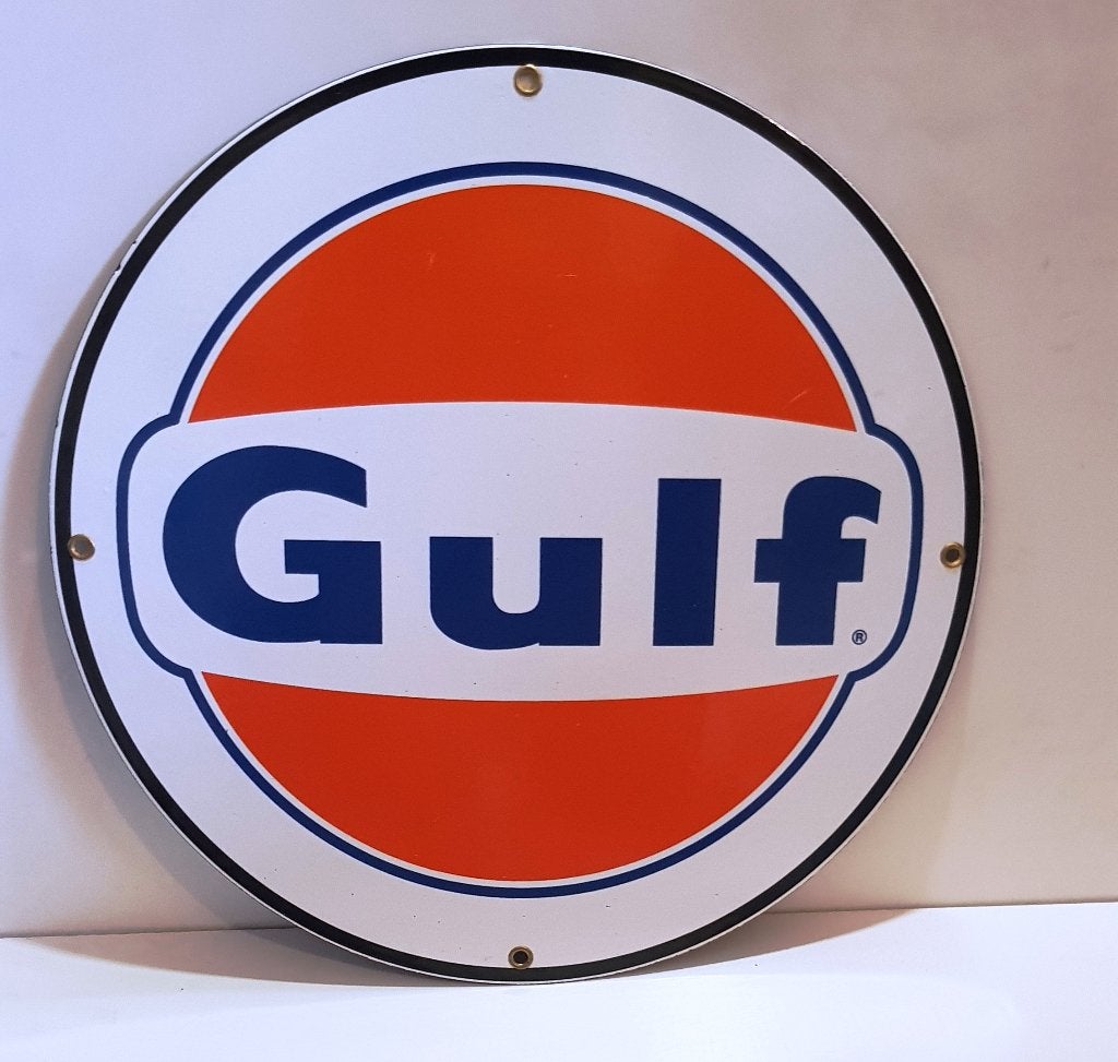Logo Gulf Racing en émail sur une plaque métallique de 30cm, Envoi, Comme neuf, Panneau publicitaire