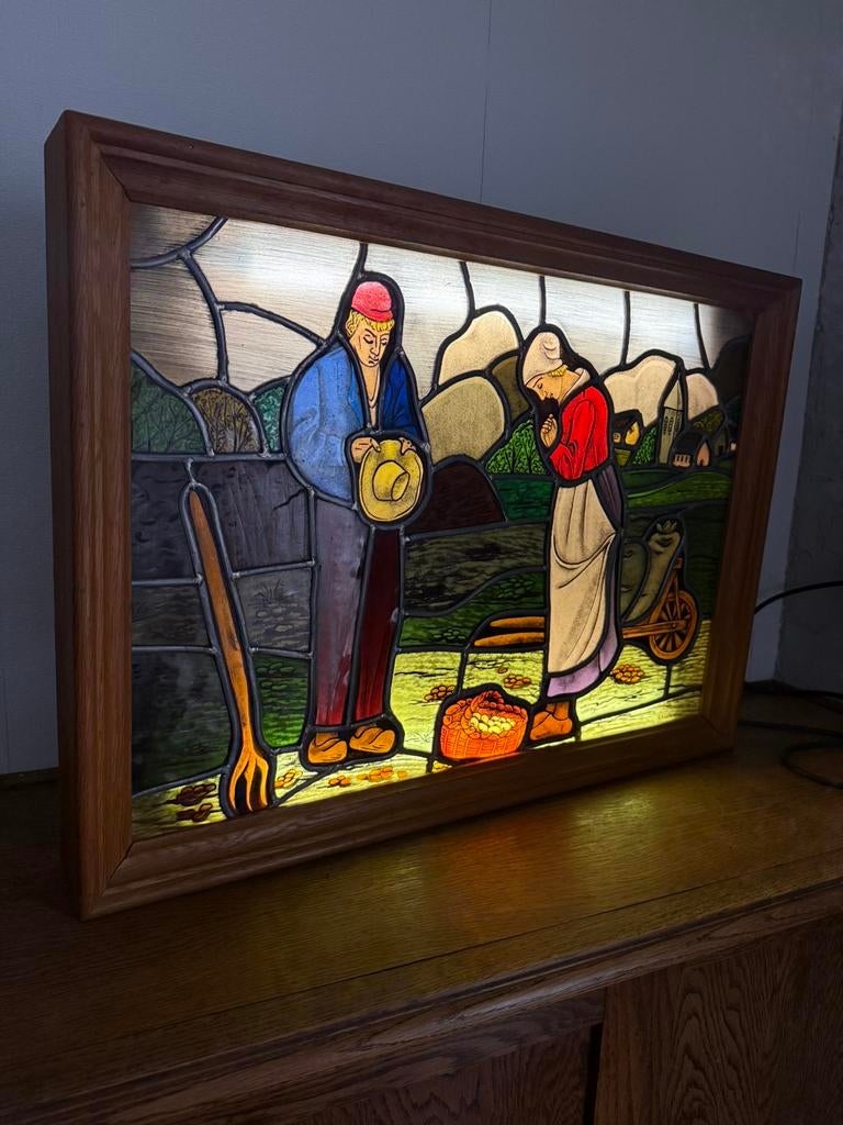 Het Angelus glas in lood lichtbak 76x56cm, Antiek en Kunst, Ophalen