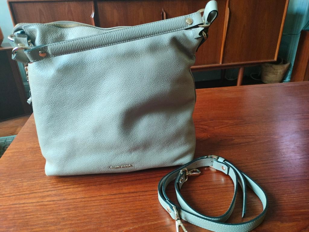 lederen handtas, Handtassen en Accessoires, Tassen | Damestassen, Ophalen, Zo goed als nieuw, Beige, Handtas