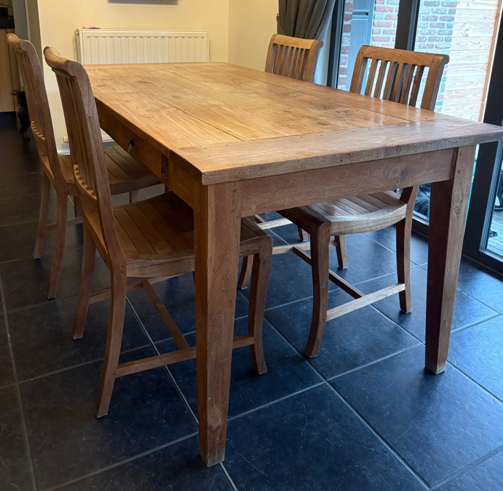 Eettafel teak met 4 stoelen, Huis en Inrichting, Ophalen, Gebruikt, Landelijk, 4 tot 6 stoelen