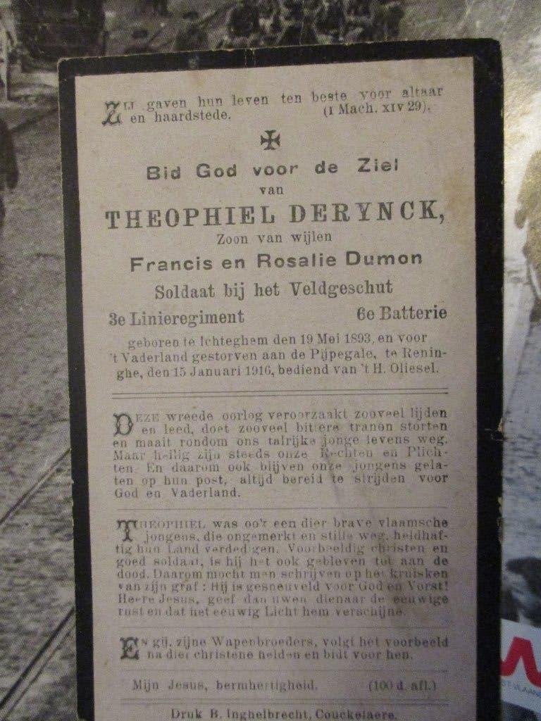 Bidprentje DERYNCK, soldaat WO1 Ichtegem, Verzenden, Bidprentje