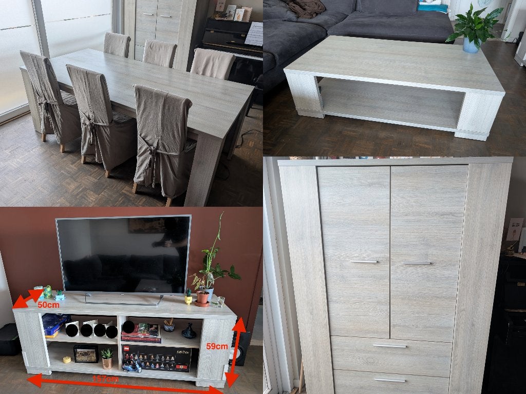 Complete bijpassende woon- en eetkamerset, Ophalen, Zo goed als nieuw, Lichtgrijze/lichtbeige houtlook, 6 tot 8 stoelen
