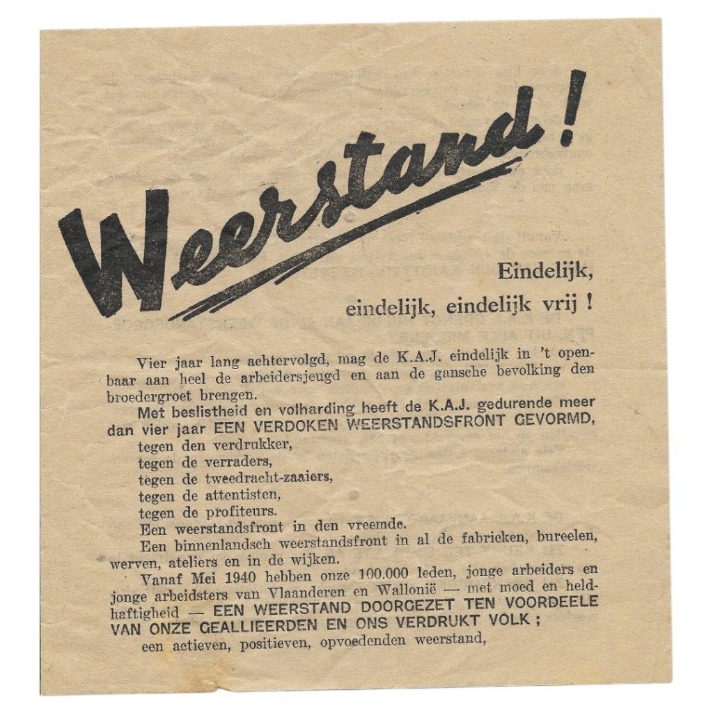 K.A.J.-pamflet 'Weerstand! Eindelijk vrij!' - Bevrijding, Verzamelen, Militaria | Tweede Wereldoorlog, Ophalen of Verzenden, Overige soorten