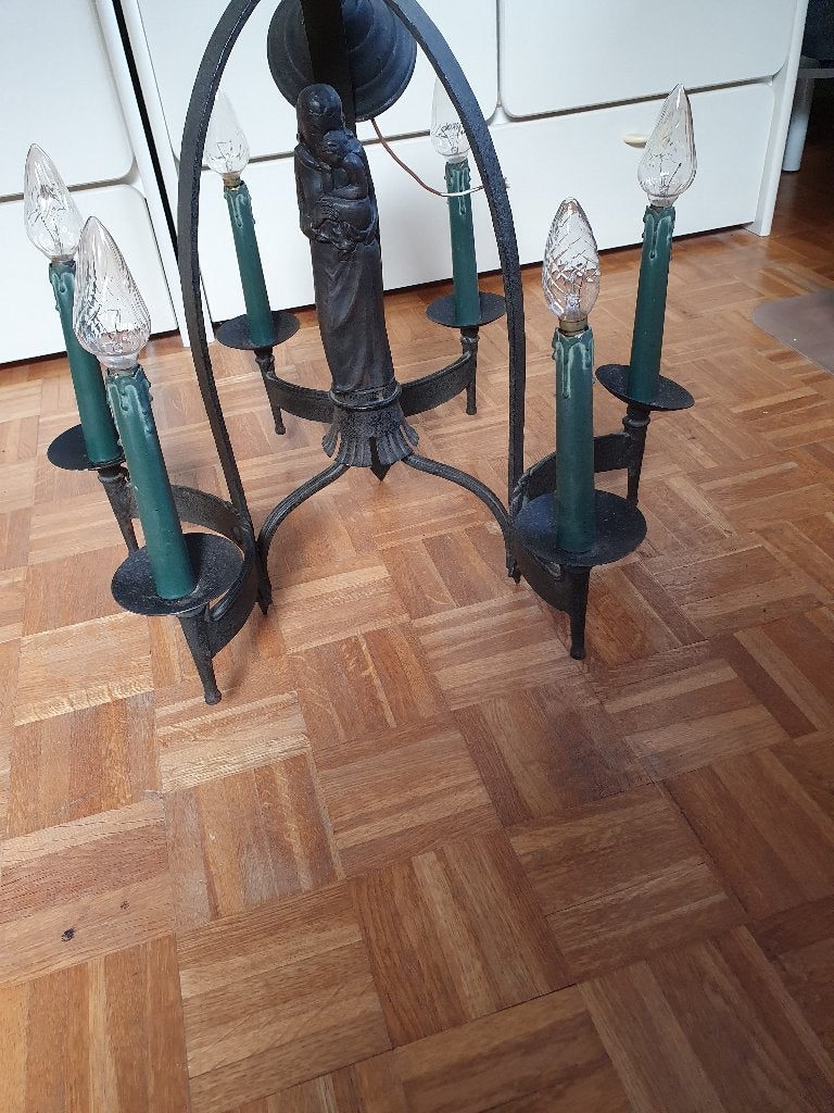 Vintage luster 6-lichts, smeedijzer/gietwerk, 1930-1955, Ophalen