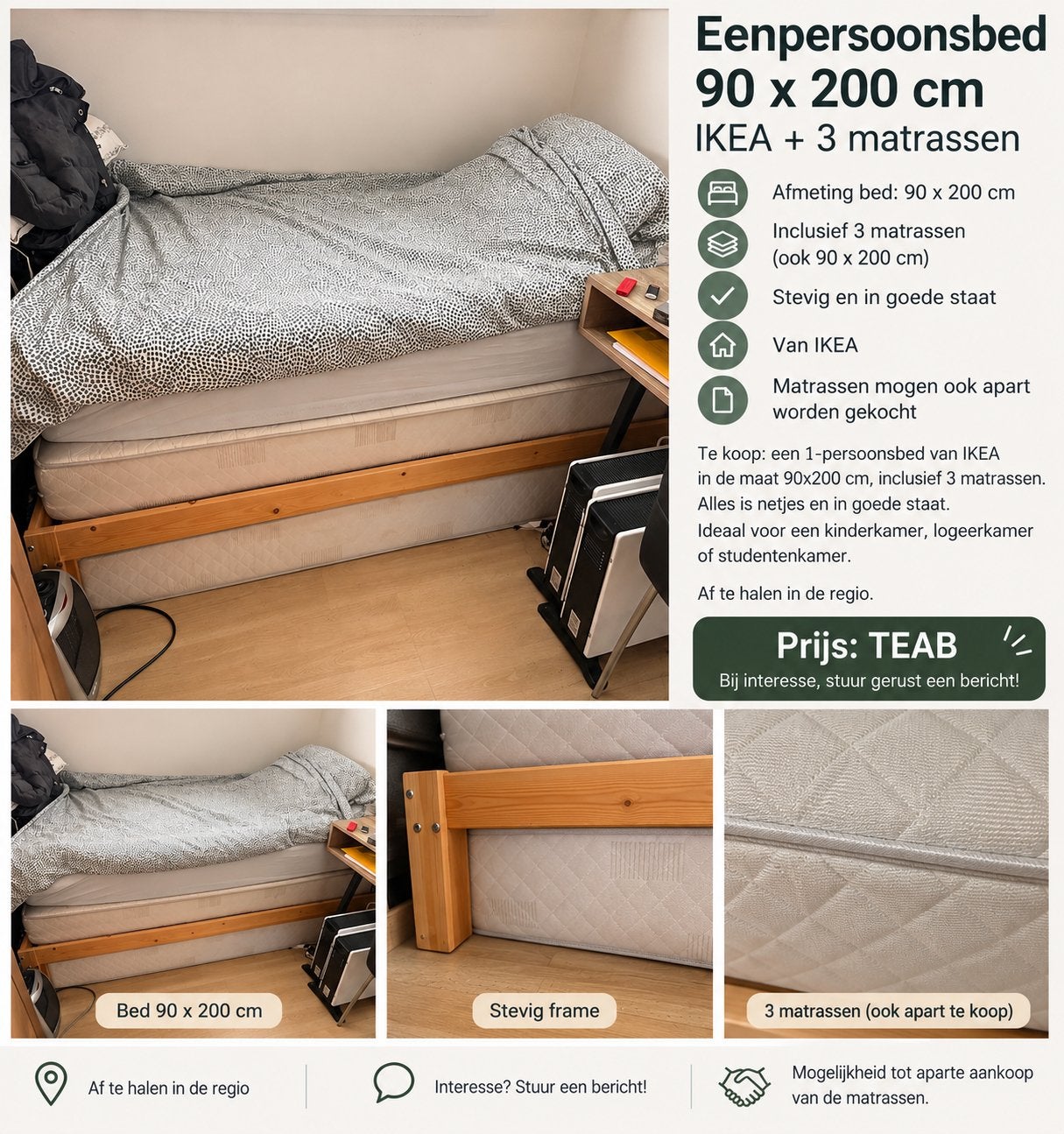 Bed + matras(sen) van 90x200, Huis en Inrichting, Ophalen, Gebruikt, 200 cm, 90 cm