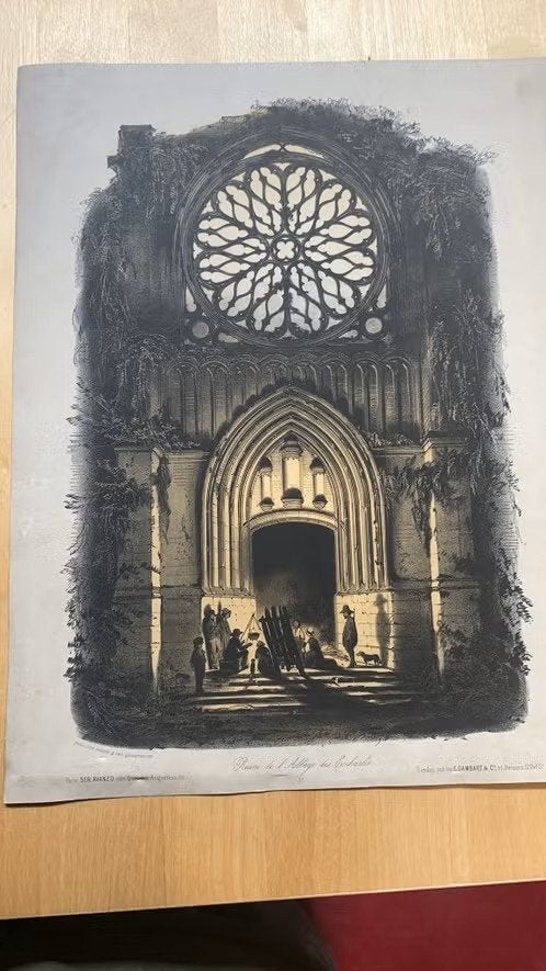 Très belle litho d'E. GAMBART "ruine de l'abbaye Escharlis, Ophalen of Verzenden