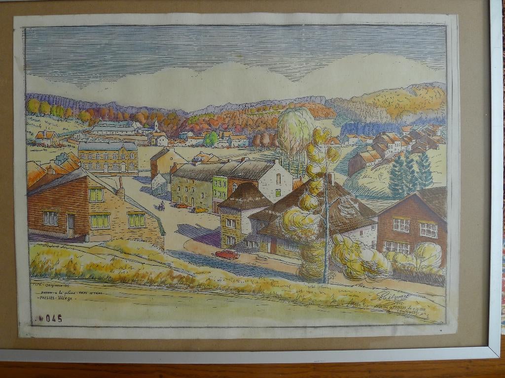Presles Village tekening met Indiase inkt, Ophalen of Verzenden