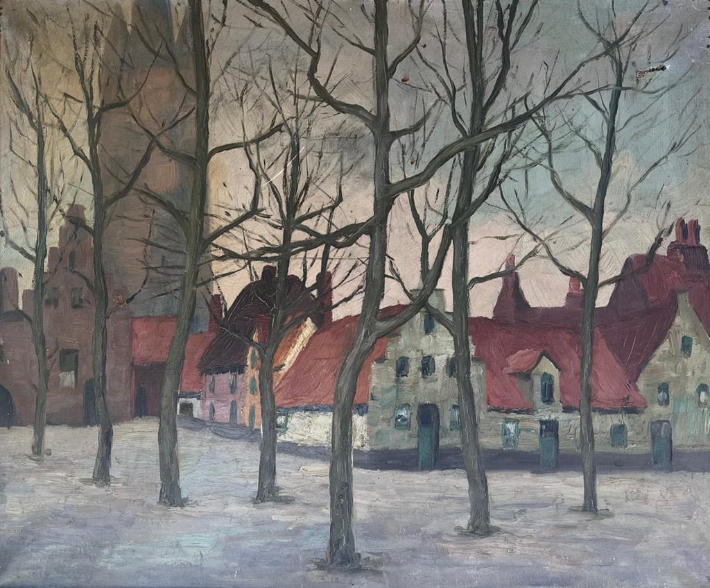 Olieverfschilderij van Louis Dewis van begijnhof in Brugge, Antiquités & Art, Enlèvement ou Envoi