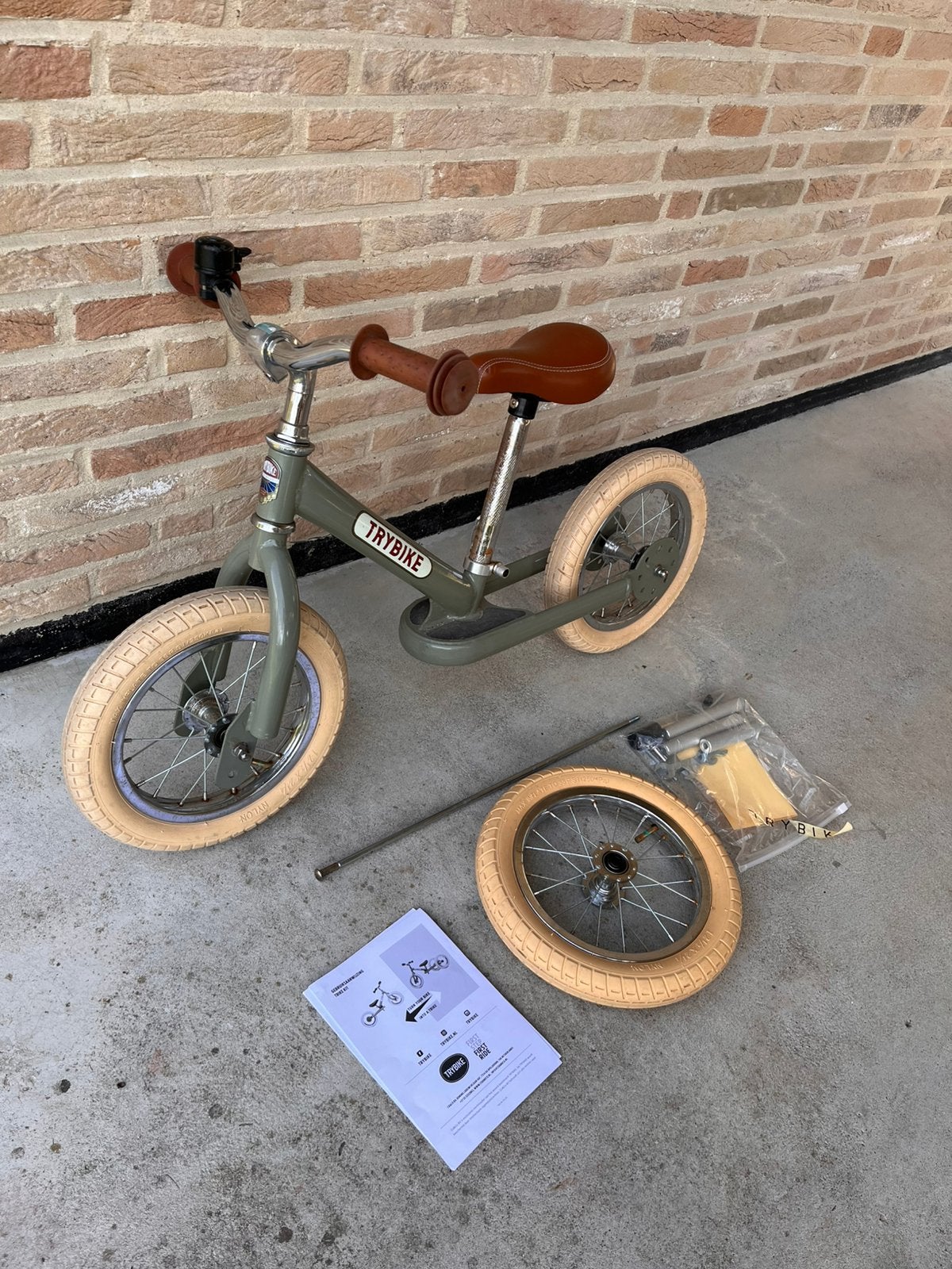 Trybike steel 2 in 1 loopfiets vintage groen mat bruin, Fietsen en Brommers, Ophalen, Gebruikt