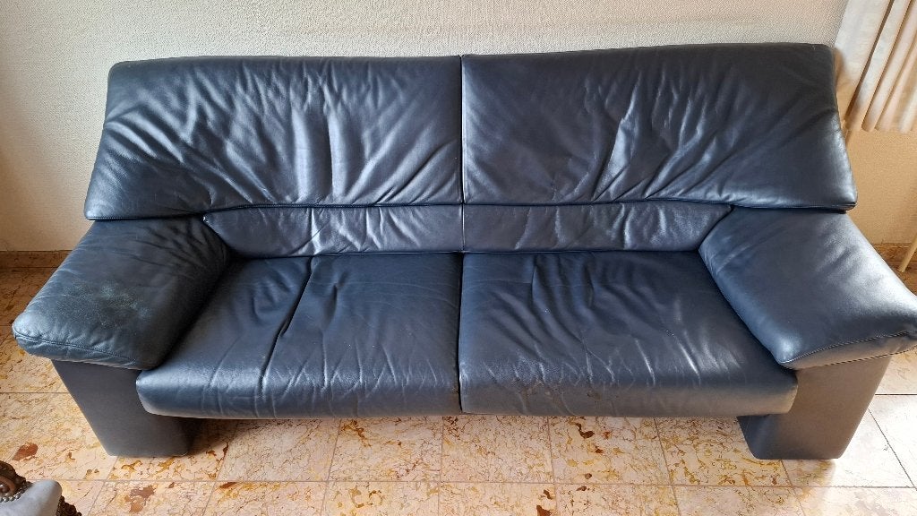 Canapé vintage 3 places en cuir bleu (style JORI / De Sede), 200 à 250 cm, Enlèvement, Utilisé, Cuir