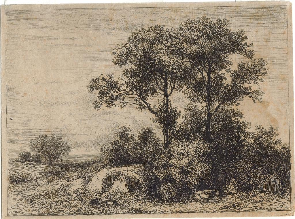 Jean Achard ets "Twee Bomen achter Rotsblok in Landschap", Antiek en Kunst, Kunst | Etsen en Gravures, Ophalen, 1800 - 1899, Ets