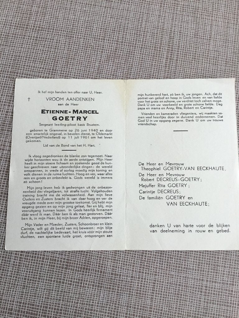 Soldaat Sergeant piloot E.Goetry gevallen 1961 Overijsel, Verzenden, Bidprentje