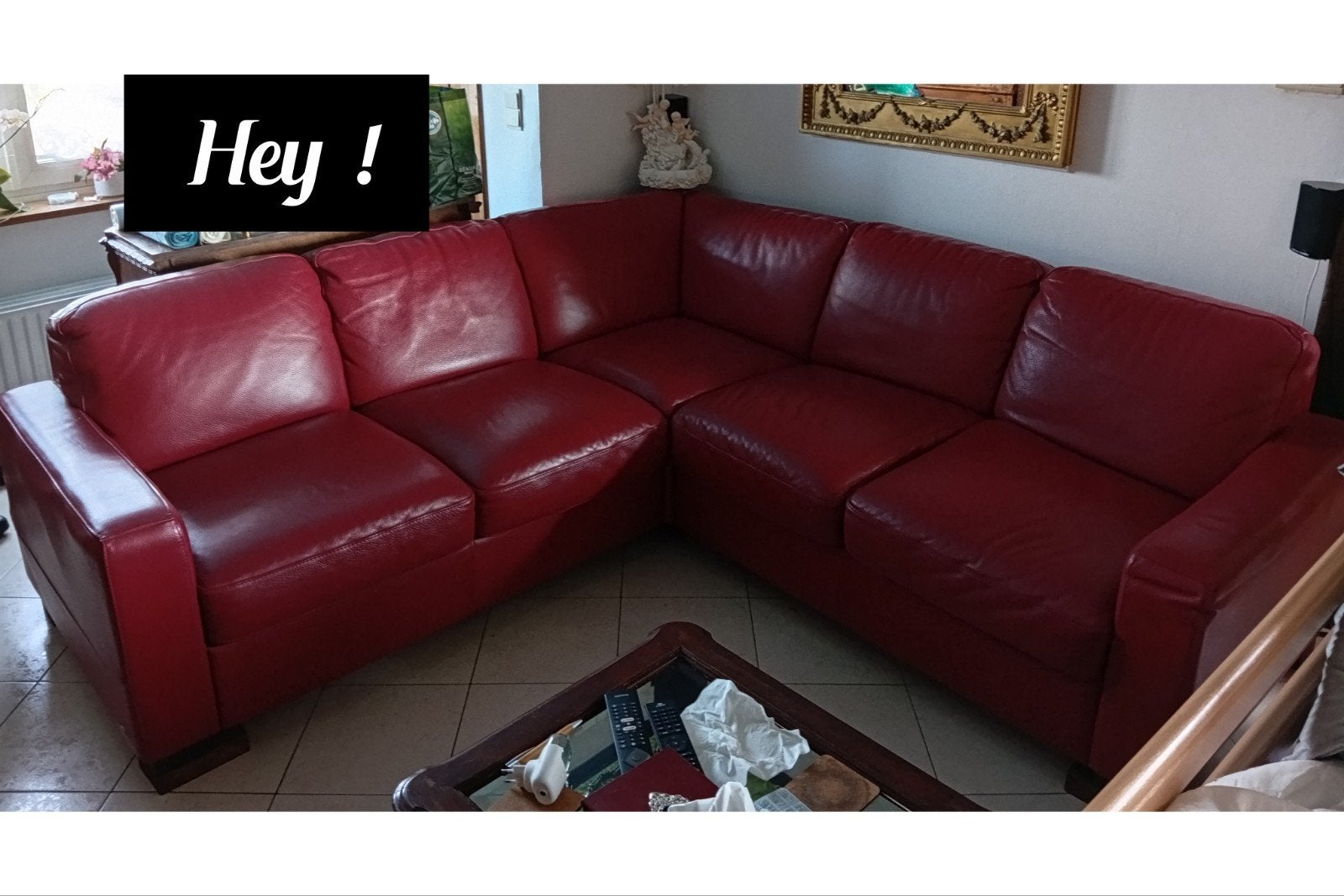 Grand canapé d'angle en véritable cuir rouge/bordeaux., Maison & Meubles, Enlèvement, Cuir