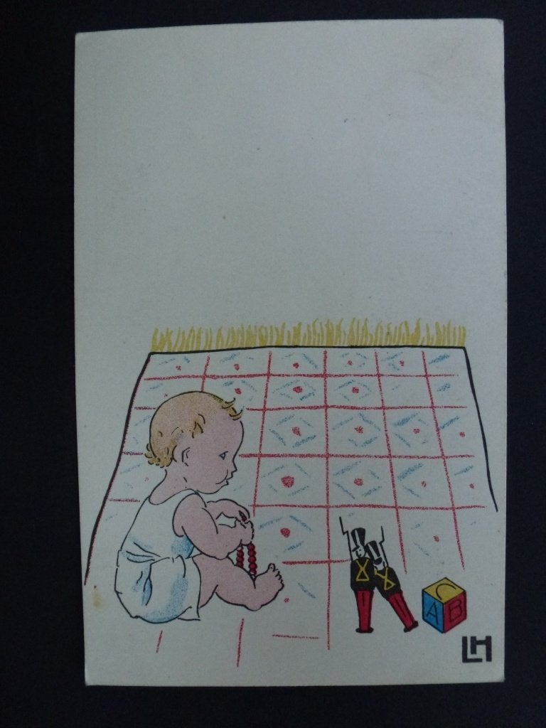 oude prentkaart baby met soldaatjes en blokje 1938, Verzamelen, Ophalen of Verzenden, 1920 tot 1940, Gelopen, Kinderen