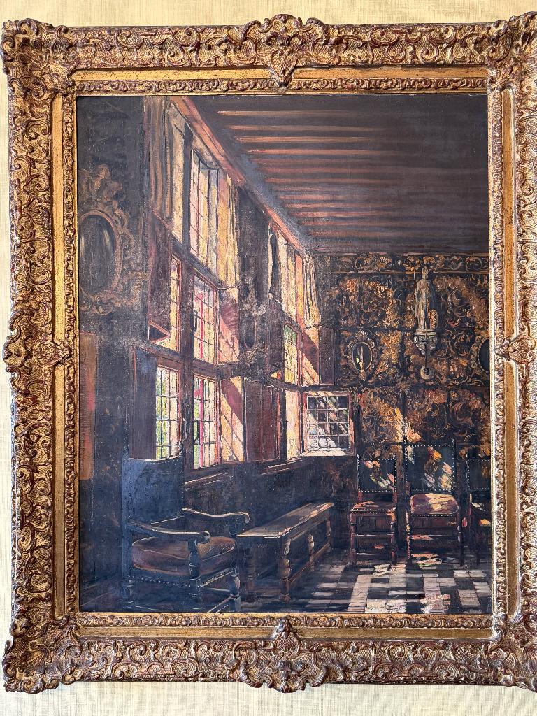 Grand tableau intérieur flamand signé Paule Bisman, Enlèvement