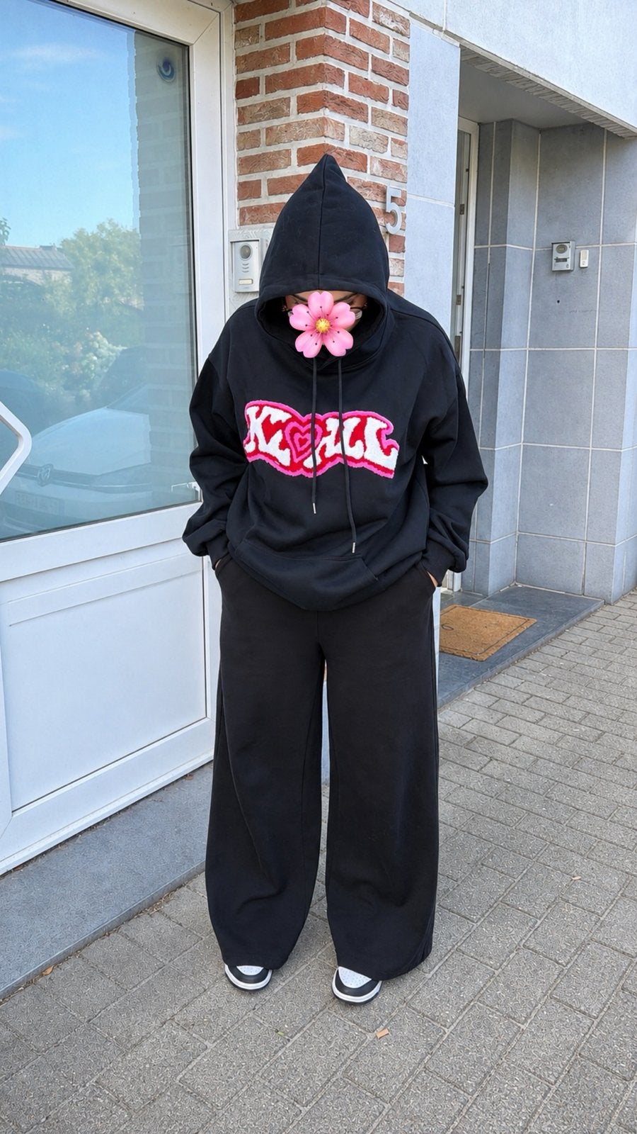 Sweat à capuche noir oversize patch brodé cœur XL streetwear, Kleding | Dames, Sportkleding, Verzenden, Zo goed als nieuw, Zwart