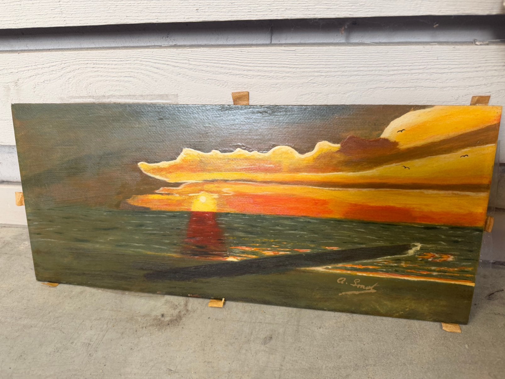 Peinture à l'huile originale Coucher de soleil en mer Signée, Antiquités & Art, Enlèvement ou Envoi