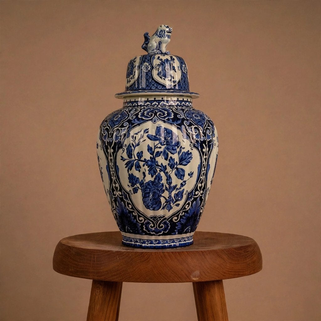 Delfts Blauwe dekselvaas met leeuw - 45 cm, Antiquités & Art, Enlèvement