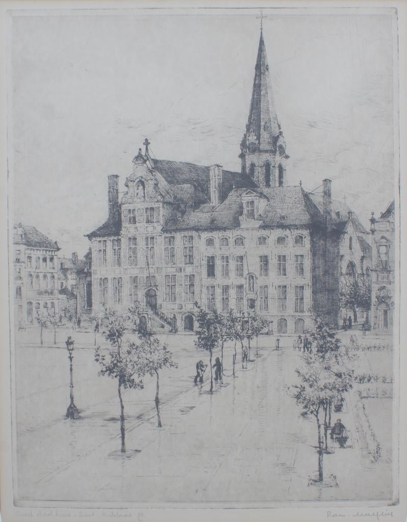 Romain Malfliet (1920-2006): Oud Stadhuis Sint-Niklaas 33/50, Stadsgezicht, Ophalen of Verzenden, 1950 - 1999, Genummerd