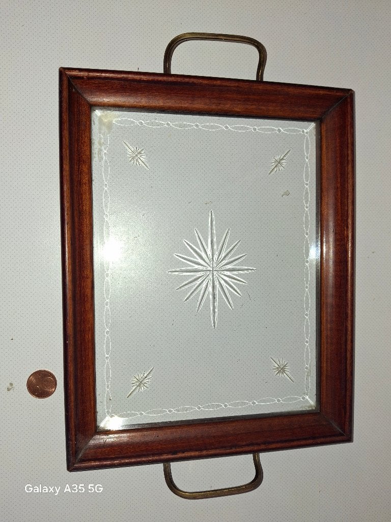 vintage glazen dienblad, houten frame en koperen handgrepen, Antiek en Kunst, Ophalen